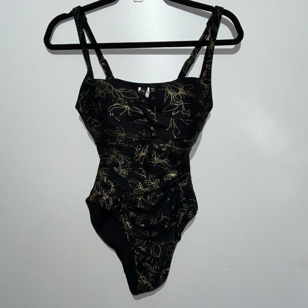 Niptuck Swim Black Gold Metallic Floral Multi Fit Cup One Piece Swimsuit Size 8